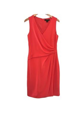 Ralph Lauren Coral-Red Sleeveless Draped V-Neck Midi Dress